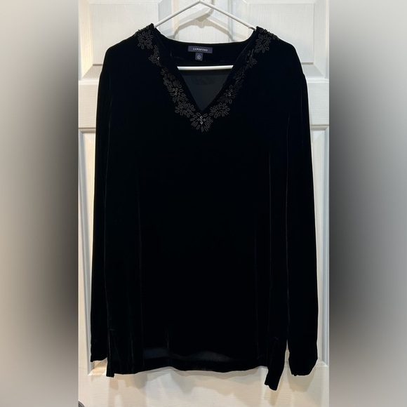 Lands' End Silk Blend Velvet Tunic Top Womens Sz L Black Beaded V Neck Pullover - Picture 1 of 10